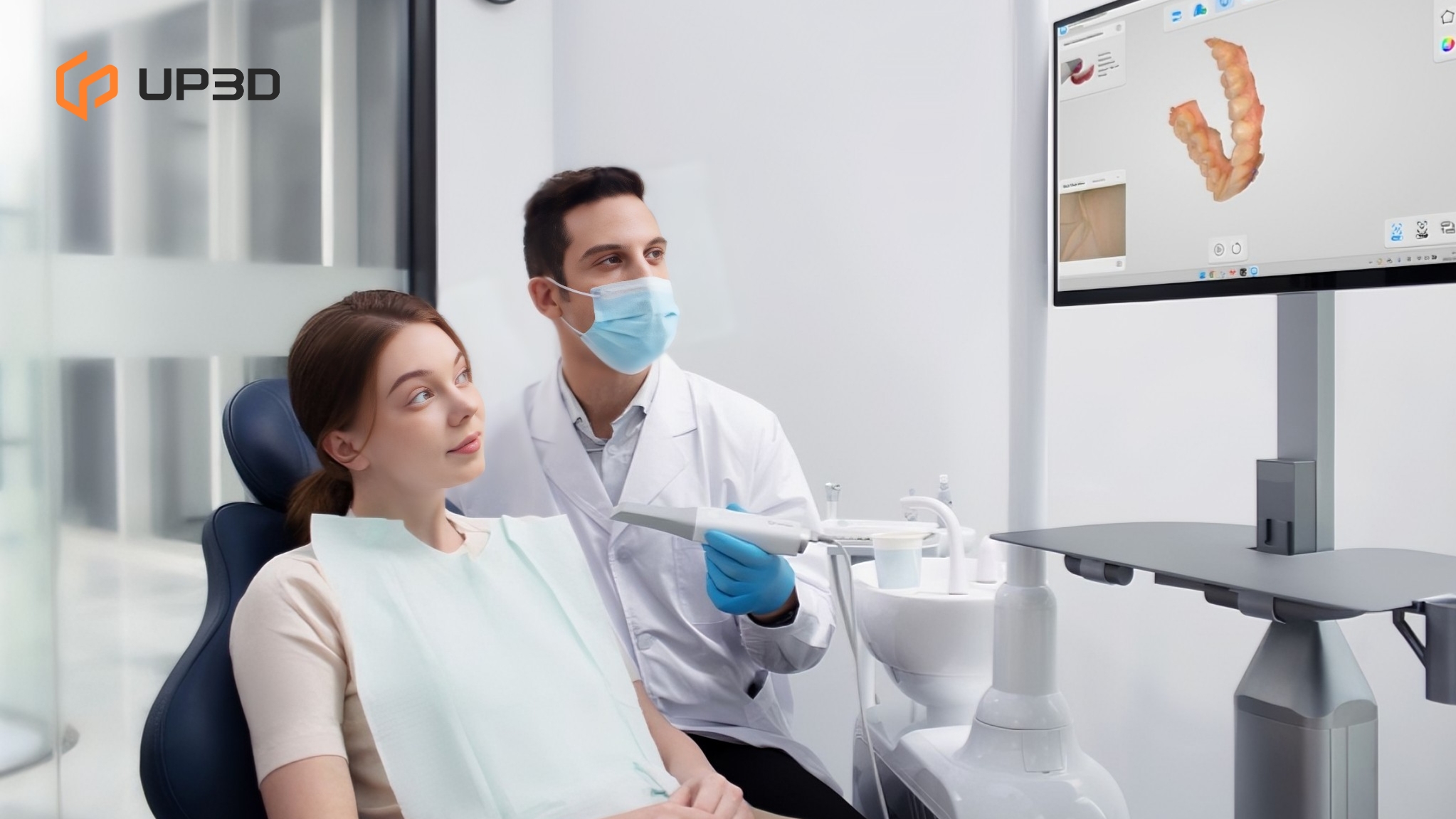 Dentist using UP3D UP610 intraoral scanner to take a digital impression while showing 3D scan results to the patient in clinic.