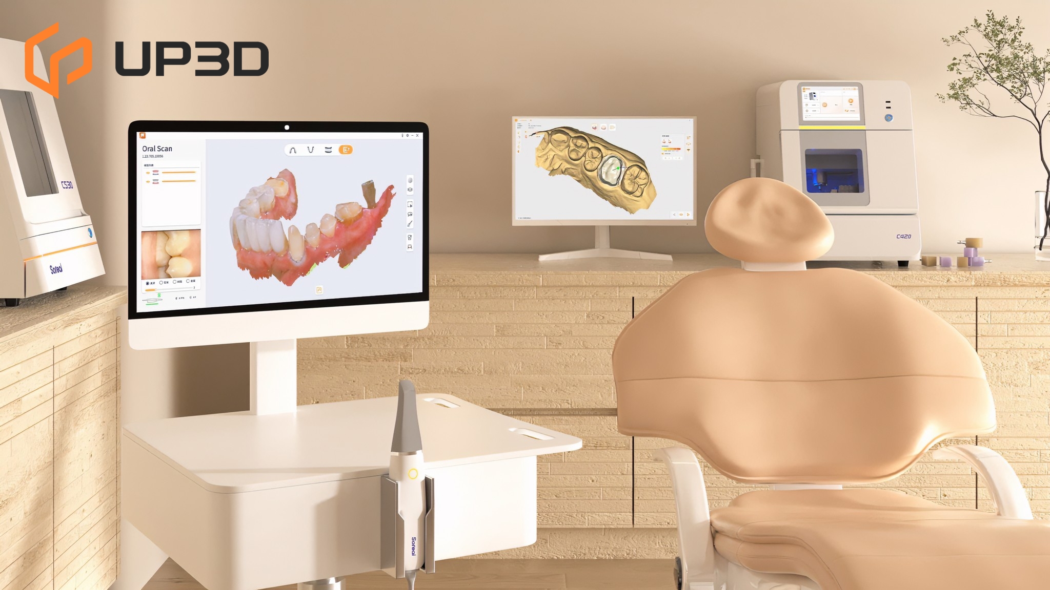 Chairside CAD/CAM dental solution with UP3D intraoral scanner, software, and P42 milling machine