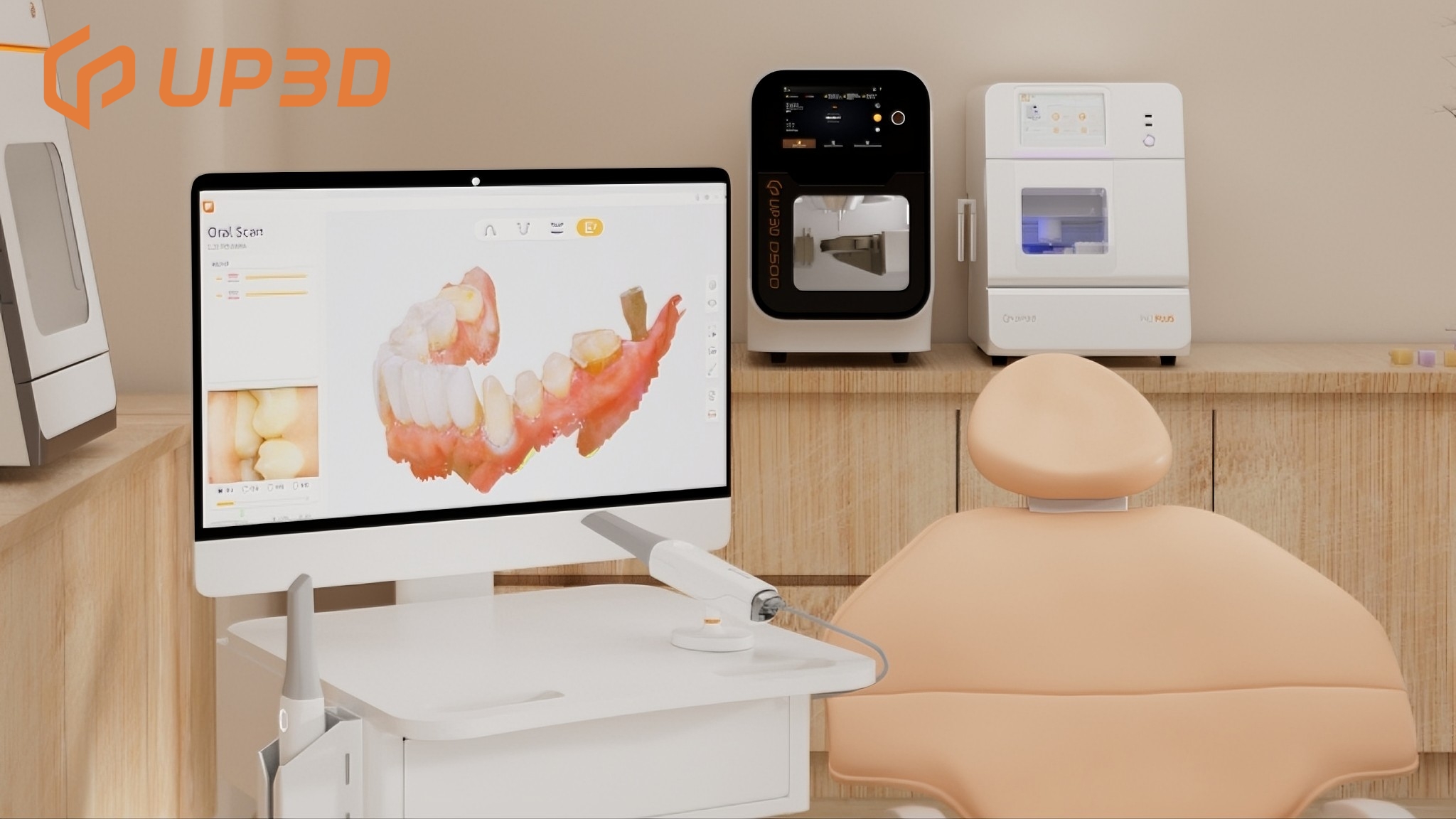 UP3D chairside CAD/CAM solution with intraoral scanner, dental milling machine, and same-day restoration workflow in a clinic