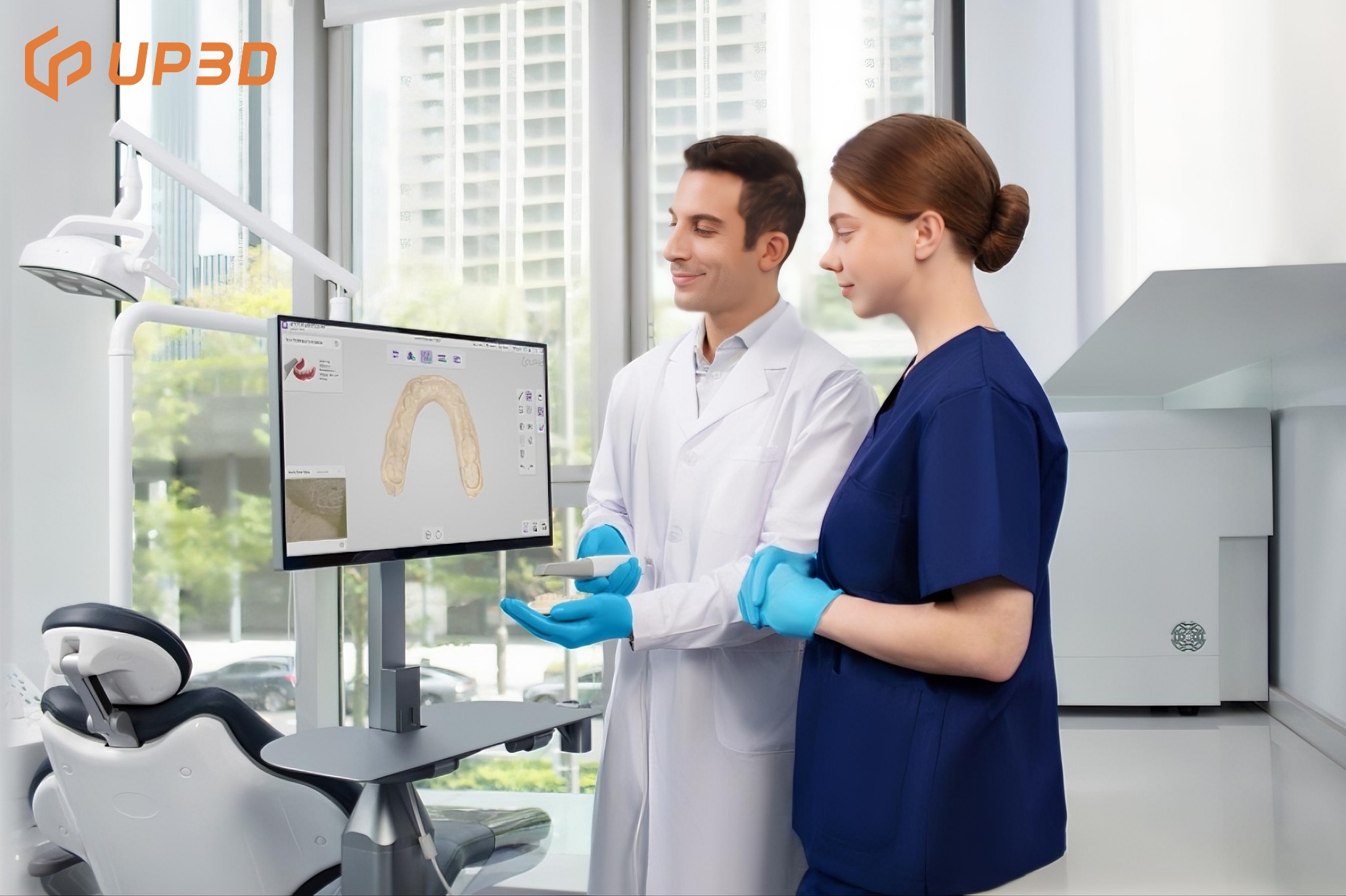 Dentists using UP3D UP610 intraoral scanner to demonstrate 27±3mm scan depth and accurate digital impressions