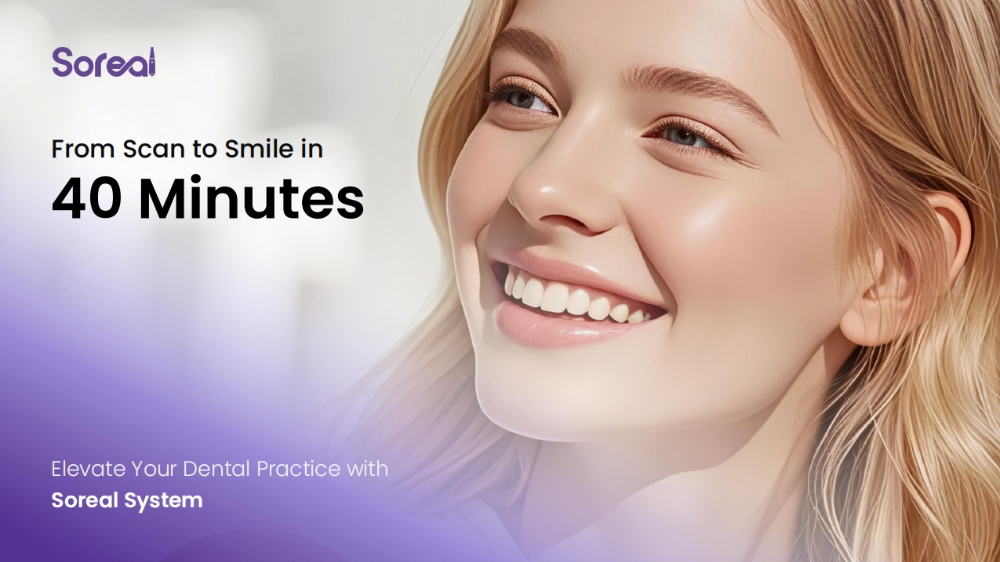 Smiling patient showcasing results of SOREAL chairside system, enabling 40-minute same-day dental restorations with UP3D integrated workflow