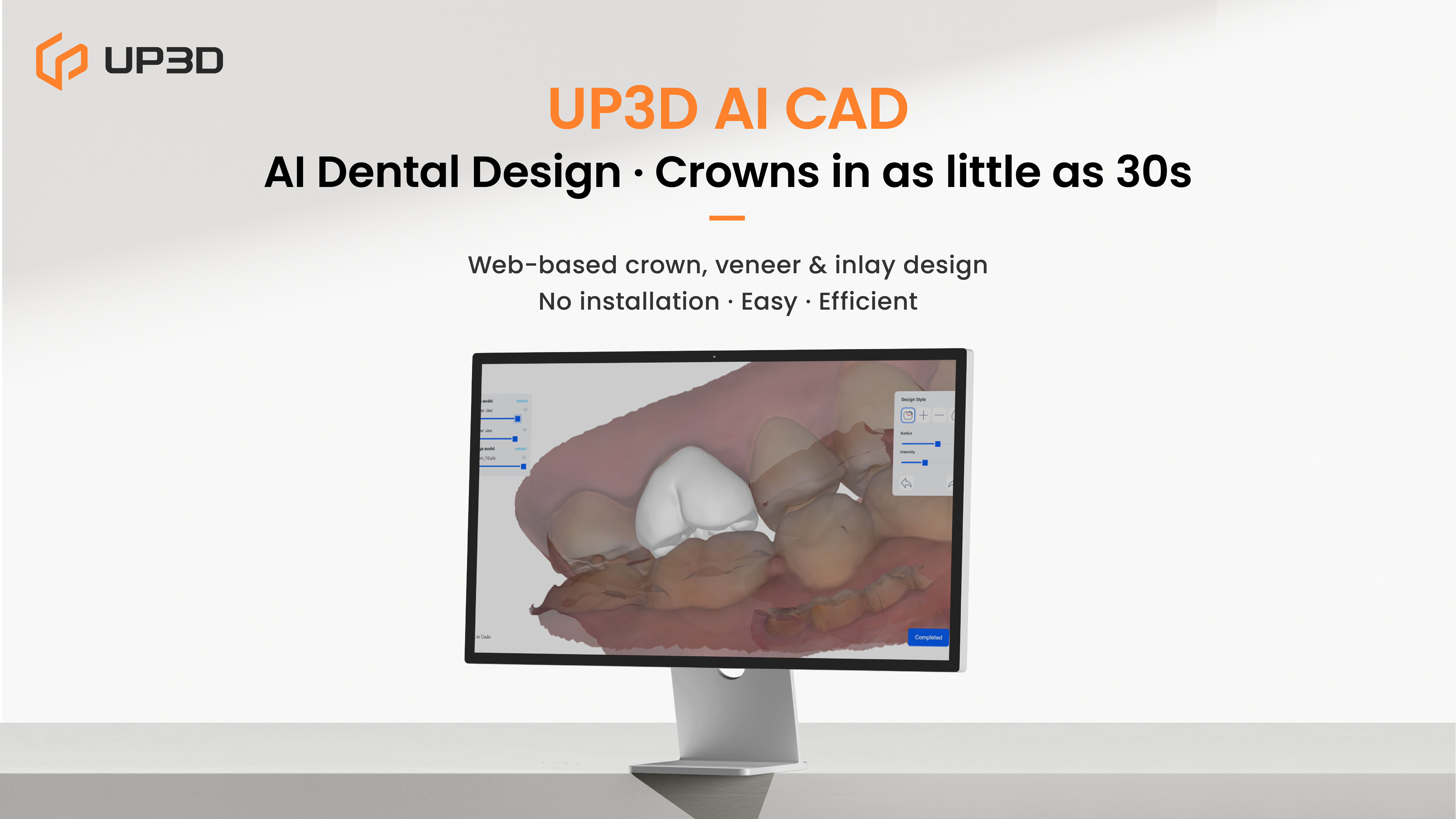 UP3D AI CAD software showing AI-powered dental crown design on screen, highlighting web-based and efficient CAD workflow for dentists and labs.