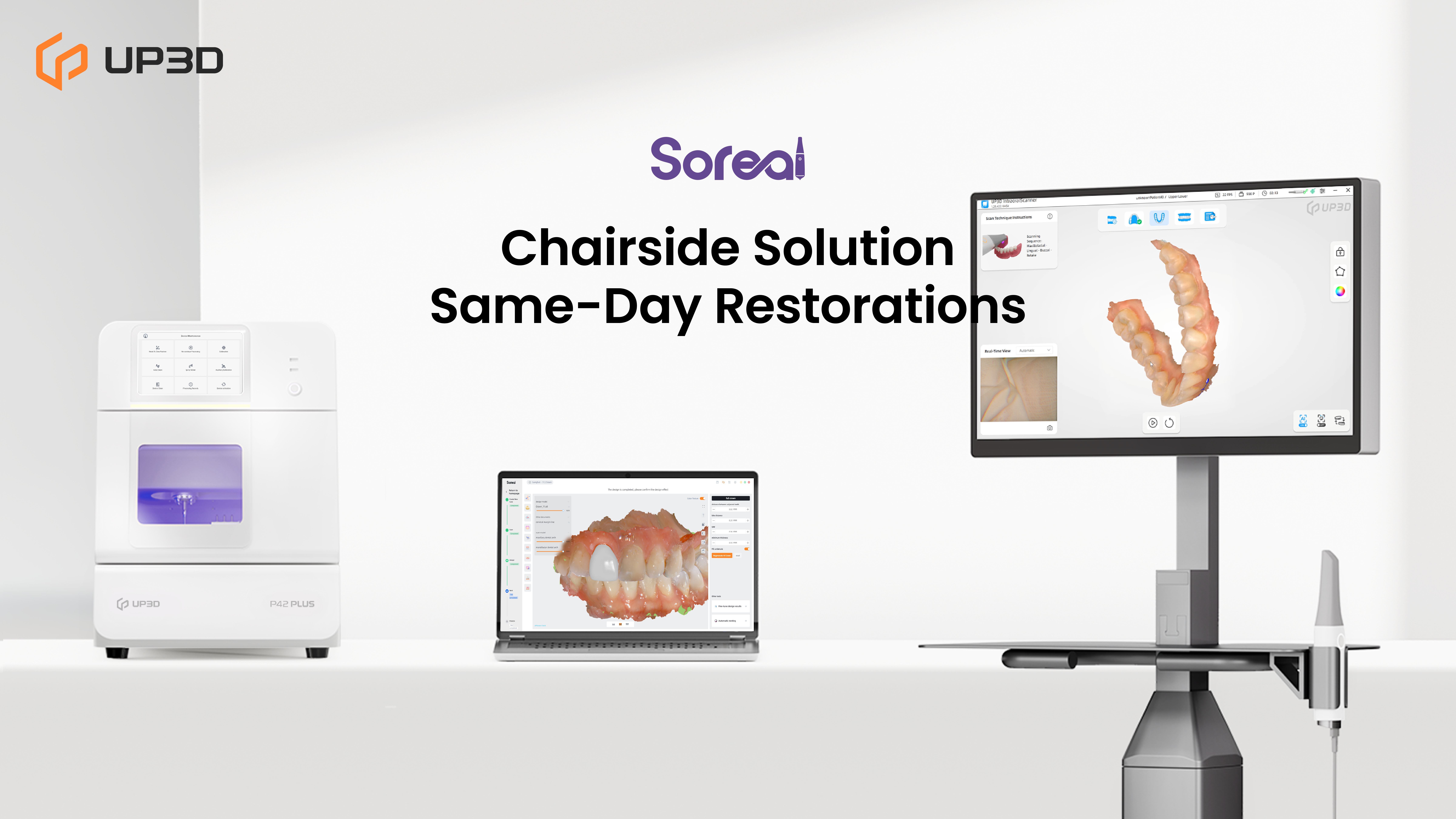 UP3D Soreal chairside solution demonstrating full digital dentistry workflow with intraoral scanner, CAD design, and P42 Plus milling machine for same-day restorations.