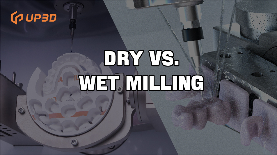 Comparison of dry vs. wet dental milling showing different workflows and restoration processes