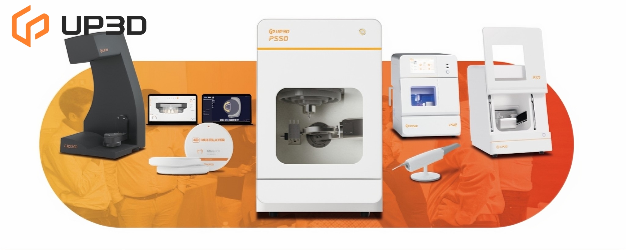 UP3D complete digital dental solution featuring UPCAD software and dental equipment lineup