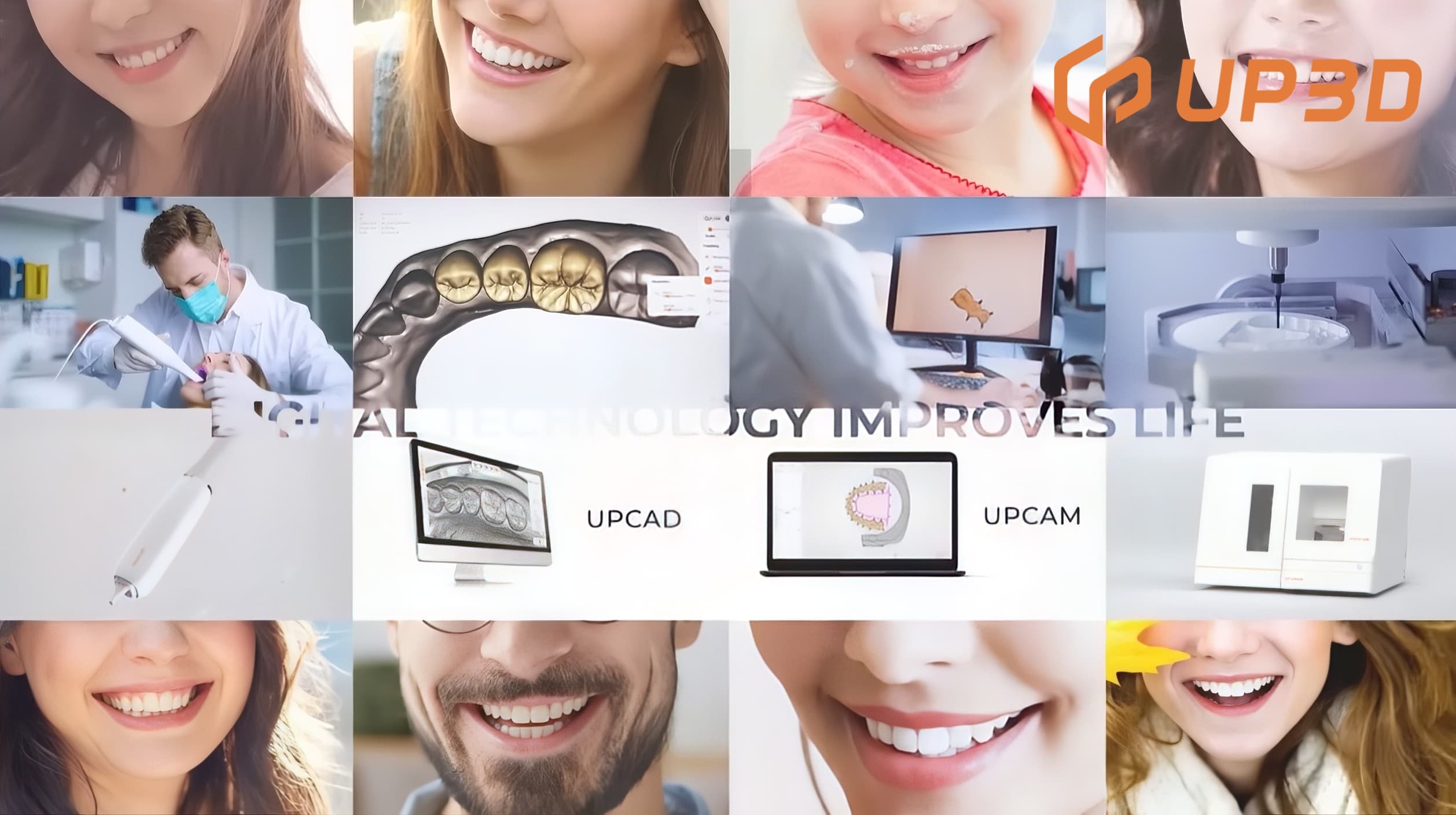 Affordable digital CAD/CAM solutions for small dental labs including UP3D intraoral scanner, UPCAD, UPCAM, and milling machines, delivering cost-effective workflows and better patient smiles