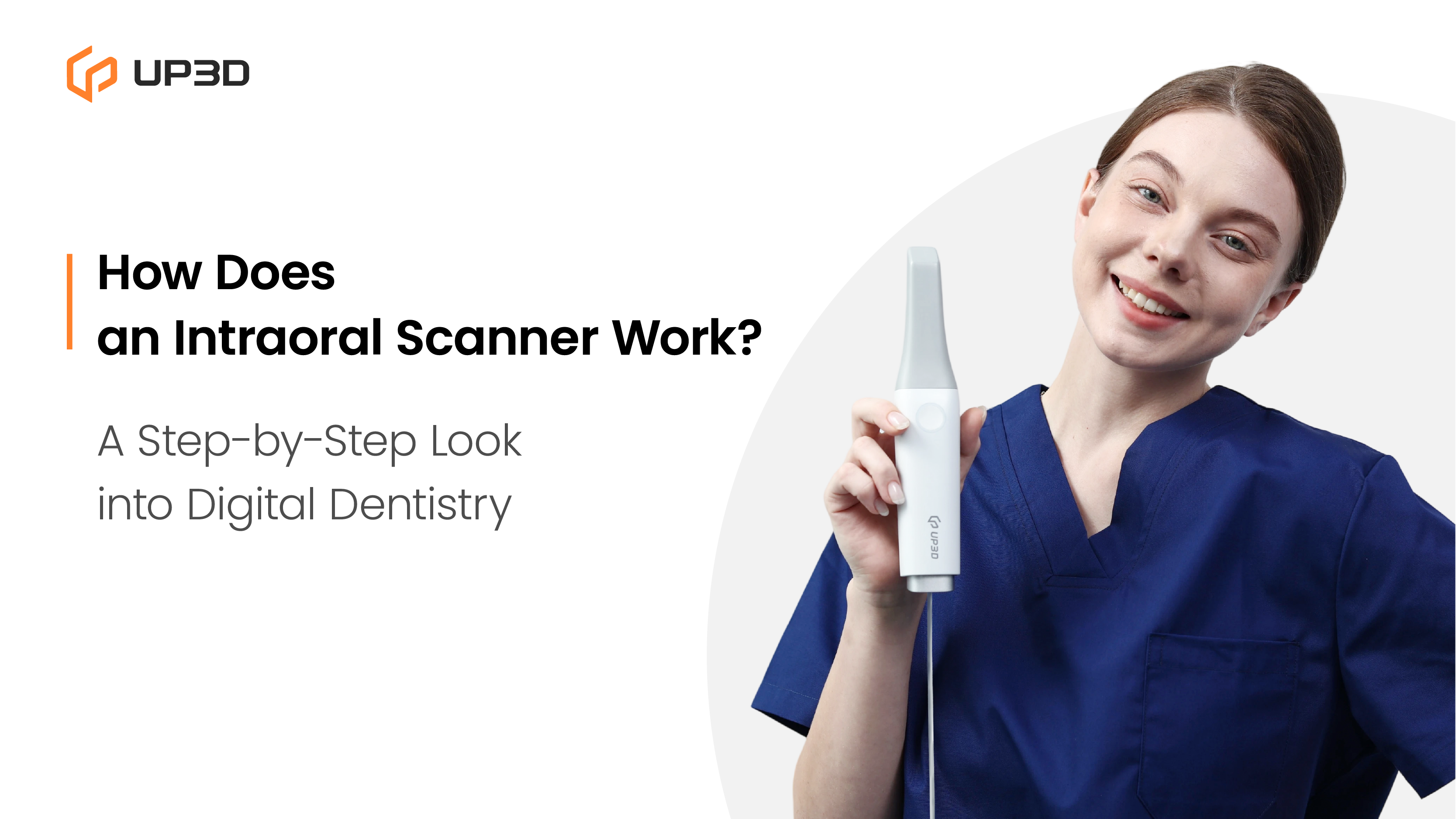 Smiling dentist demonstrating the UP3D UP610 intraoral scanner, introducing how digital scanning works in modern dentistry.