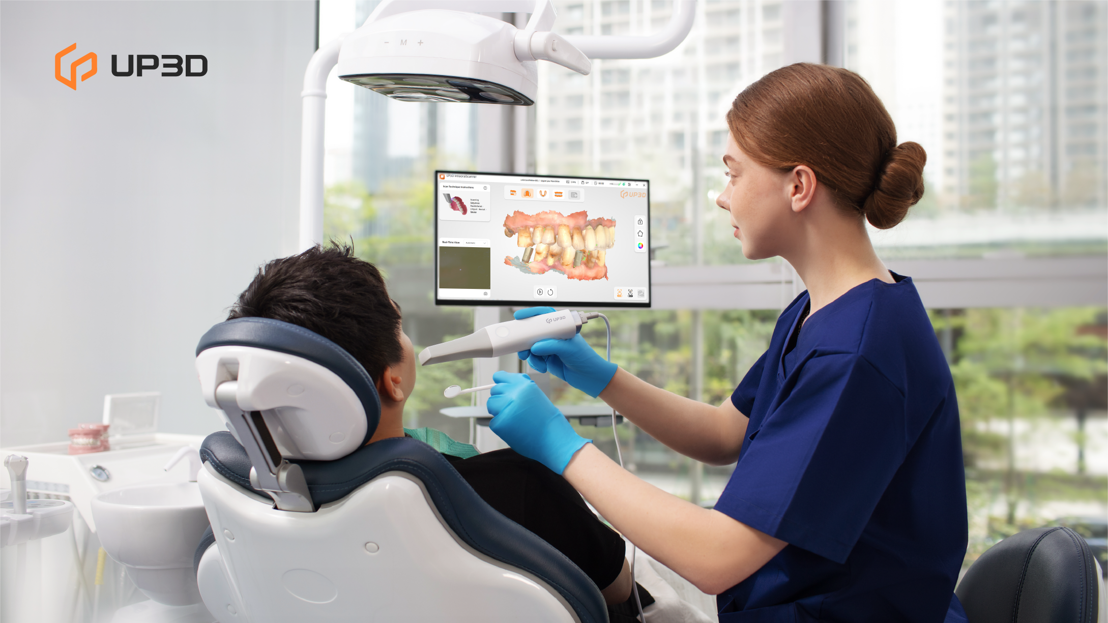 Dentist using UP3D UP610 intraoral scanner to capture a 3D digital impression during a patient examination in a modern dental clinic.