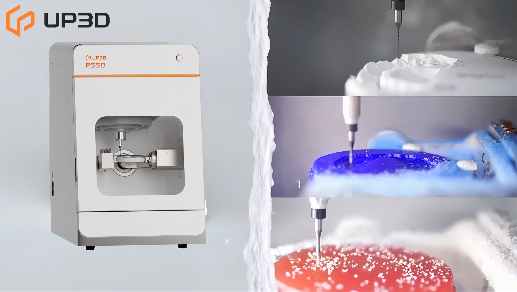 UP3D P55D dental milling machine cutting zirconia, PMMA, PEEK for dental restorations