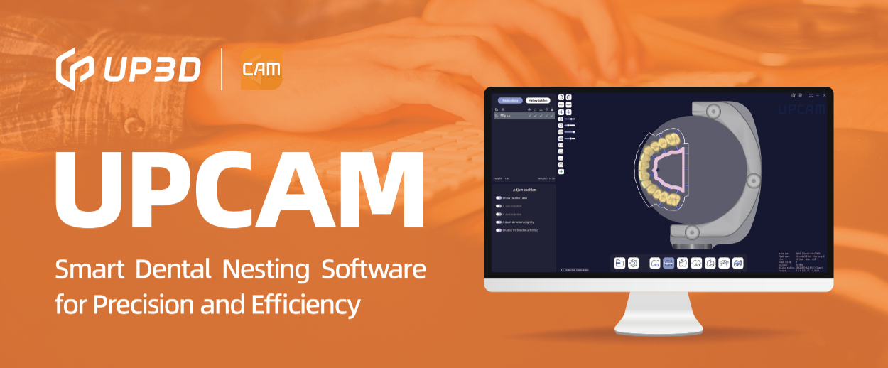 UPCAM smart dental CAM software interface showing nesting strategy for precise resin milling