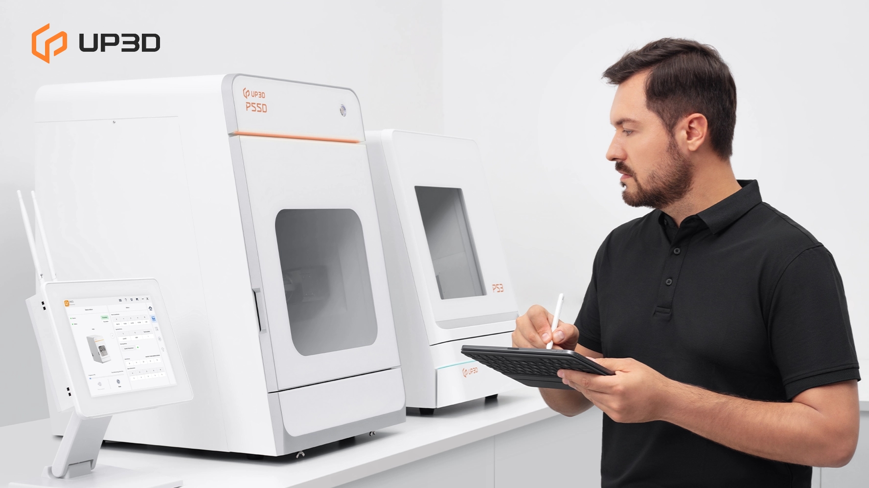 Dental technician operating UP3D P55D dental milling machine with digital interface in a modern dental lab.