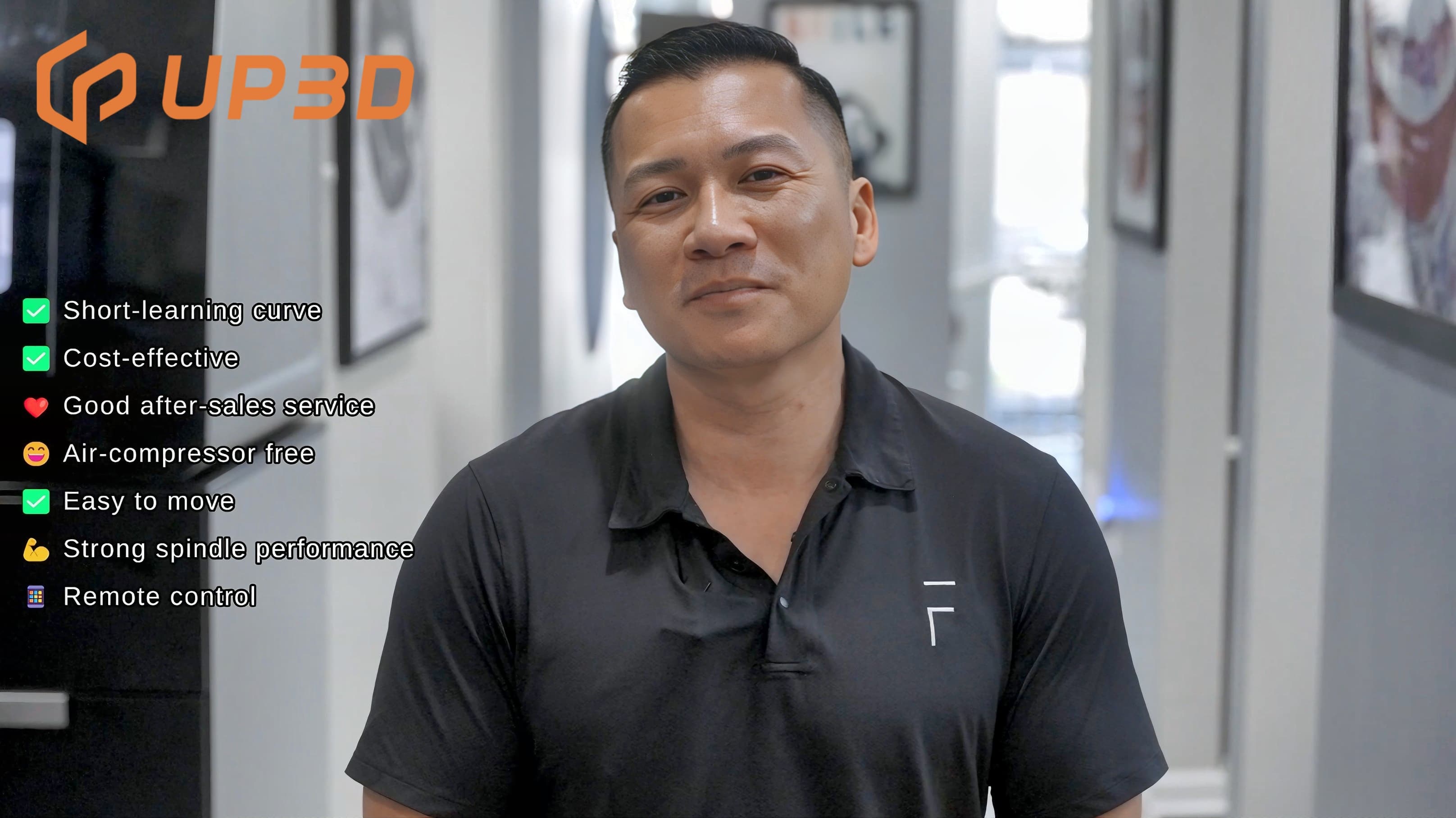 Dr. Tran sharing his experience with the P55D dental milling machine, highlighting ease of use, cost-effectiveness, and no air compressor requirement.