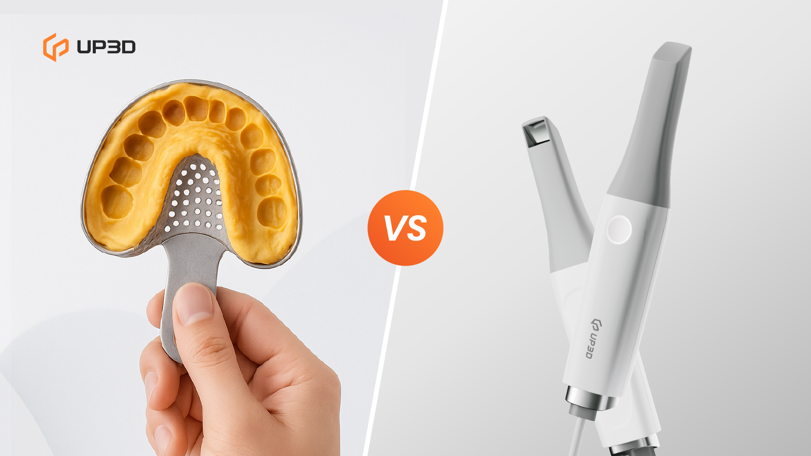 Comparison between UP3D intraoral scanner and traditional dental impression tray, showing the evolution from conventional to digital dentistry.