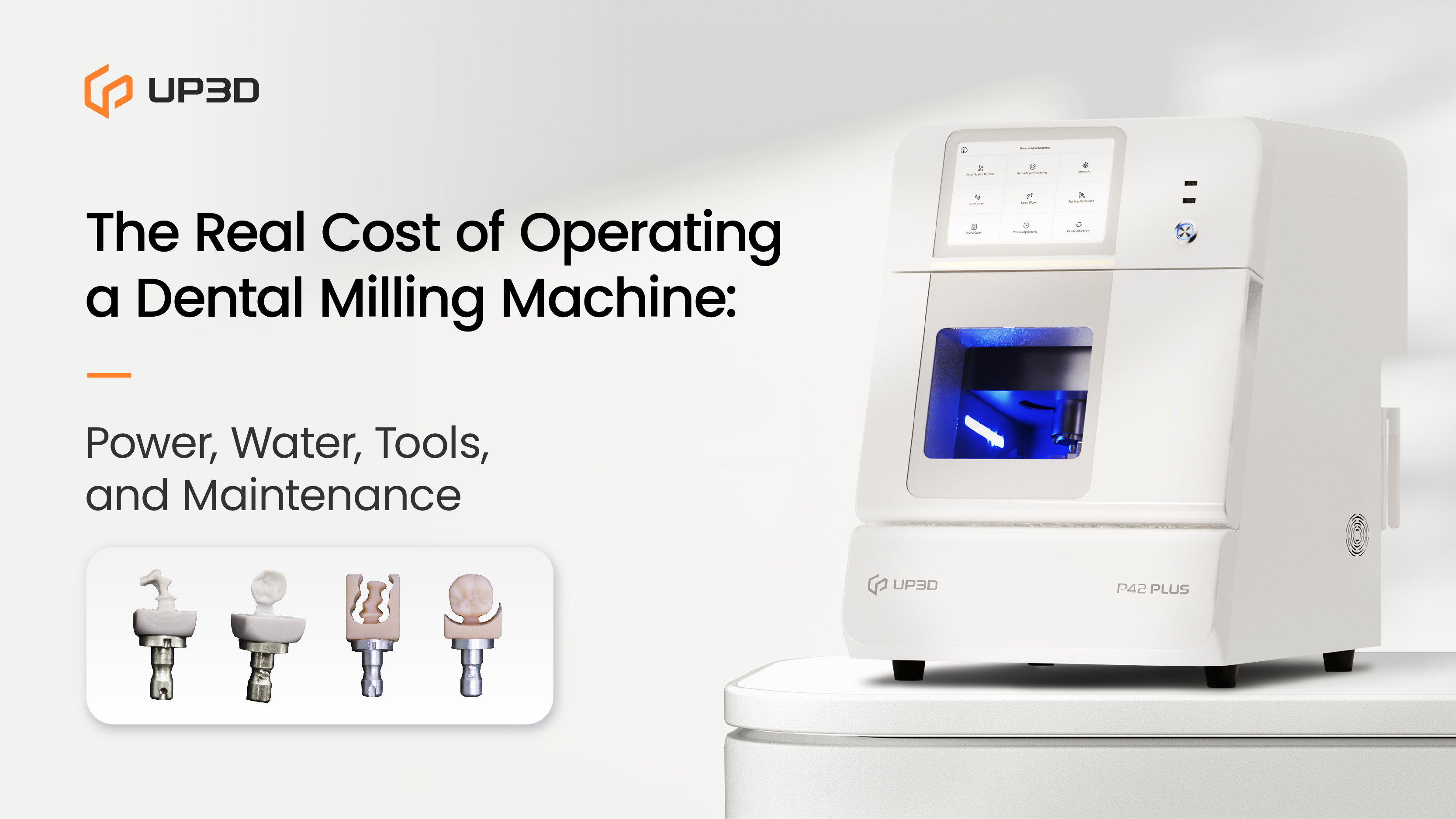 Dental milling machine illustrating the real operating costs including power consumption, water usage, tools, and maintenance