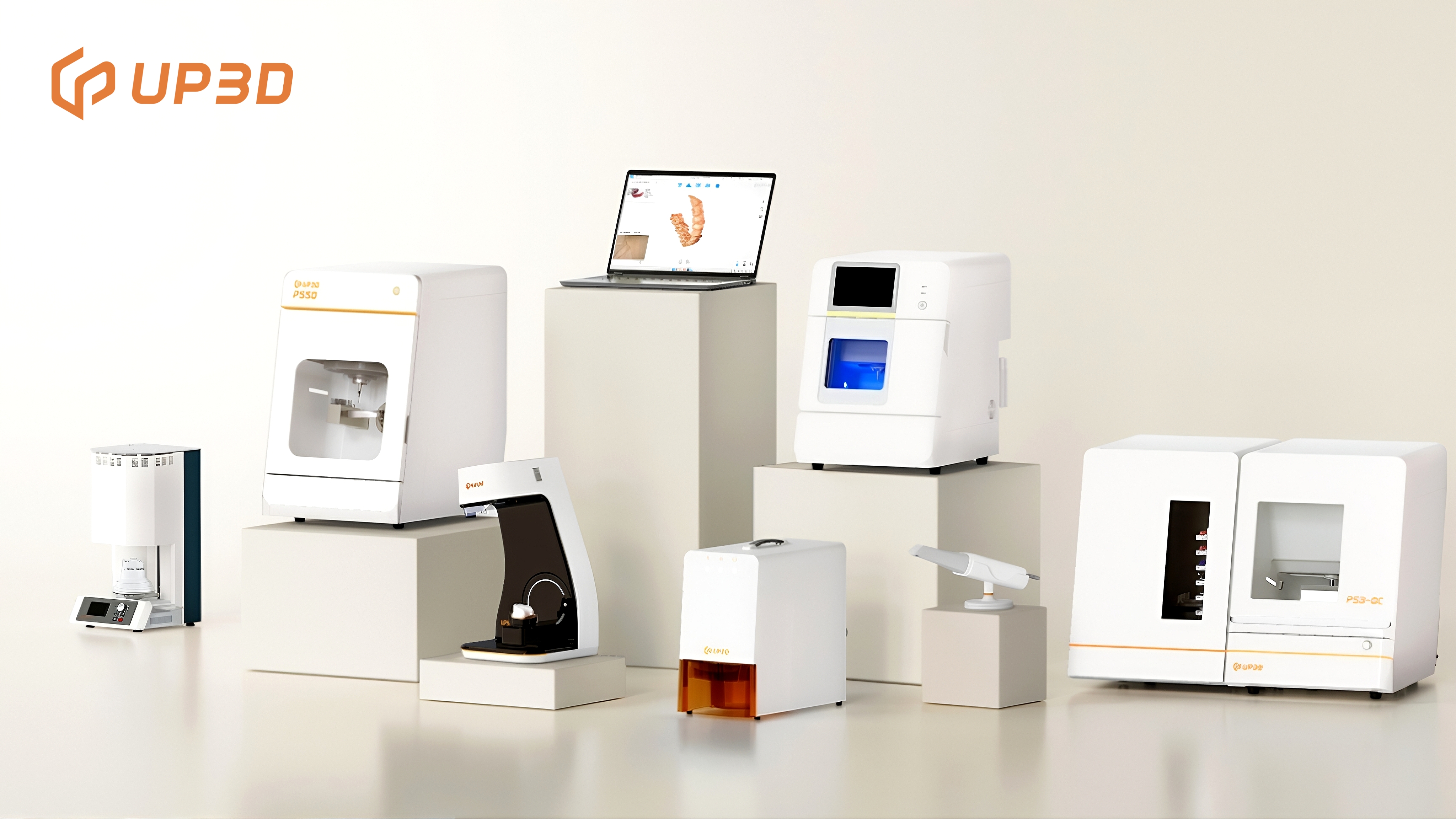 UP3D complete dental CAD/CAM setup showcasing intraoral scanner, milling machines, and software for clinics and labs with different configurations