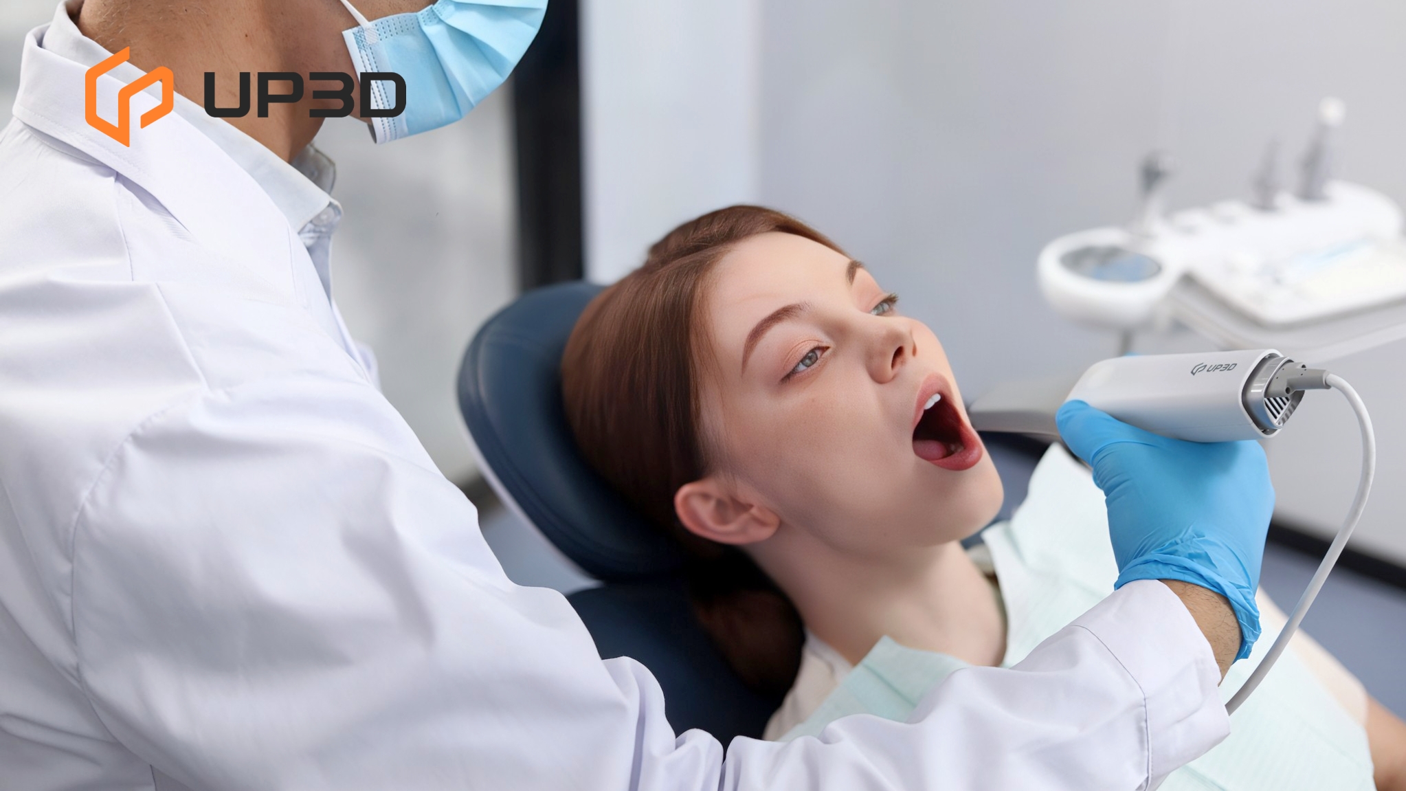 Dentist performing a digital oral scan with UP3D UP610 intraoral scanner on a patient, showing the scanning process in modern digital dentistry.