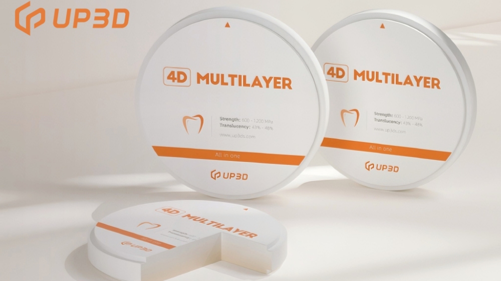 UP3D 4D multilayer zirconia discs for dental restorations, combining strength and translucency in one material