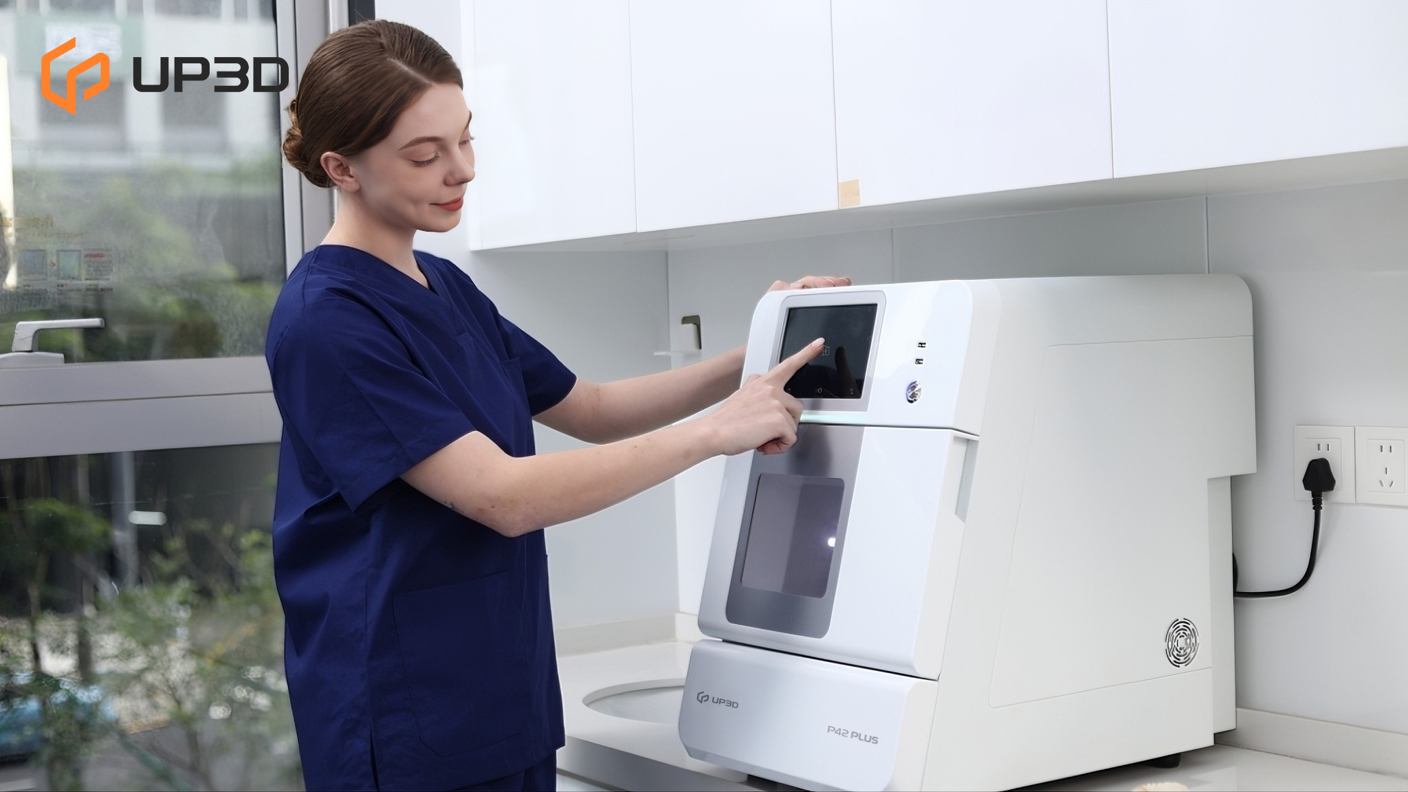 Dentist operating UP3D P42 PLUS chairside wet dental milling machine for same-day restorations