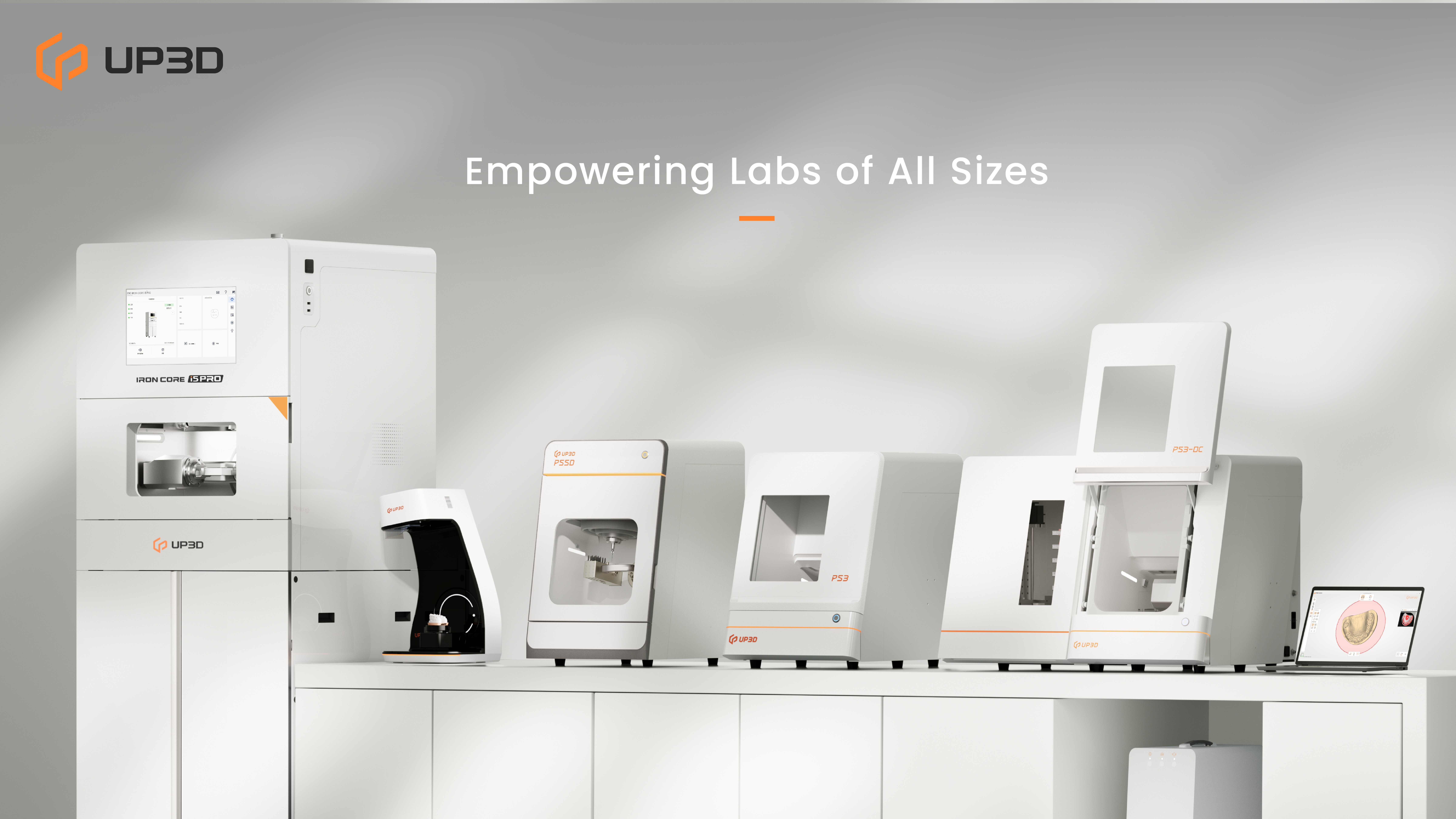 UP3D full digital dentistry solution showcasing dental CAD/CAM equipment lineup, from scanner to milling machines, streamlining workflow for labs of all sizes.
