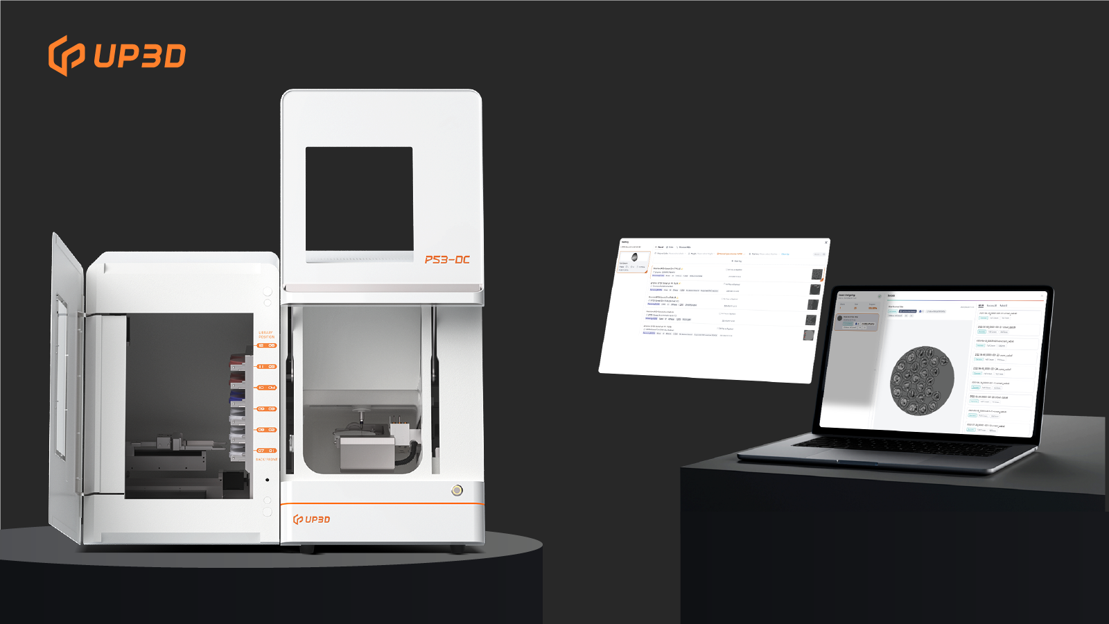 UP3D P53DC dental mill with smart material management system and automatic disc changer interface for optimized CAM nesting